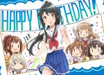  1other 6+girls abe_kanari badge black_hair blue_skirt cat confetti cowboy_shot happy_birthday high_school_fleet highres irizaki_mei isoroku_(haifuri) long_hair looking_at_viewer misaki_akeno multiple_girls munetani_mashiro neckerchief nosa_kouko pleated_skirt ponytail red_eyes red_neckwear sailor_collar school_uniform serafuku shiretoko_rin short_sleeves skirt solo_focus tateishi_shima white_sailor_collar yokosuka_girls_marine_high_school_uniform ||_|| 