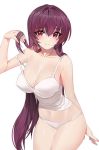  1girl bangs breasts cleavage damda fate/grand_order fate_(series) hair_intakes hand_in_hair large_breasts long_hair looking_at_viewer navel panties purple_hair red_eyes scathach_(fate)_(all) scathach_(fate/grand_order) simple_background smile solo tank_top underwear white_background white_panties 