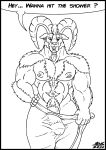  anthro areola belly_hair big_areola big_pecs big_penis black_border body_hair border bovid bulge caprine chest_hair dialogue ear_piercing english_text facial_hair forearm_hair genitals goat goatee hairy hi_res horn iberian_ibex ibex male mammal manny_ramirez mature_male monochrome muscular muscular_male nipples pecs penis piercing pubes shoulder_hair skianous solo talking_to_viewer text towel towel_only 