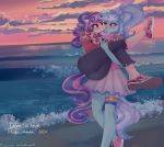  absurd_res anthro beach blush bonbon_(mlp) bottomwear bridal_carry butt carrying clothed clothing duo equid equine eye_contact female female/female friendship_is_magic hi_res horn looking_at_another lyra_heartstrings_(mlp) mammal my_little_pony pants seaside shirt skirt topwear unicorn xjenn9 