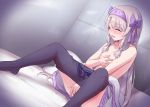  1girl ainu_clothes bangs blush bow breasts closed_eyes fate/grand_order fate_(series) fingering grey_hair grey_legwear hairband hand_on_own_chest highres japanese_clothes kimono knees_up legs long_hair marugoshi_(54burger) masturbation nipples off_shoulder open_mouth pantyhose pantyhose_pull purple_bow purple_hairband pussy_juice sidelocks sitonai sitting small_breasts spread_legs topless white_kimono wide_sleeves 