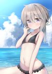  1girl absurdres bikini black_bikini black_swimsuit blue_sky cloud day eyebrows_visible_through_hair frills girls_frontline highres lavender_eyes light_brown_hair looking_at_viewer low_ponytail m200_(girls_frontline) messy_hair ocean ponytail rotroto sky solo swimsuit water 