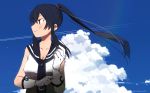  1girl black_hair black_neckwear black_sailor_collar blue_sky cloud commentary_request condensation_trail gloves kakiyayoshi kantai_collection long_hair looking_to_the_side ponytail profile red_eyes sailor_collar sailor_shirt school_uniform serafuku shirt sidelocks sky sleeveless sleeveless_shirt solo white_gloves yahagi_(kantai_collection) 