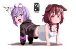  /\/\/\ 2girls :3 :d absurdres ahoge all_fours animal_ear_fluff animal_ears bangs black_hoodie bone_hair_ornament breasts brown_eyes brown_hair cartoon_bone cat_girl catdog collar conjoined dog_ears dog_girl dress empty_eyes fang highres hololive hololive_gamers inugami_korone looking_back low_twin_braids medium_breasts midriff multiple_girls nekomata_okayu no_feet open_mouth purple_eyes purple_hair red_collar small_breasts smile smug surprised virtual_youtuber voccu white_background white_dress 