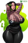  1girl areola_slip areolae arms_behind_head arms_up black_dress black_hair breasts cleavage commentary curvy dark_skin dress game_console gradient_hair green_eyes green_hair huge_breasts logo looking_at_viewer microsoft multicolored_hair personification solo space_(uchuu) thick_thighs thighs xbox xbox_one_(personification) 
