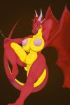  2:3 absurd_res anthro big_breasts breasts dragon female genitals hi_res hospitallerinaboat membrane_(anatomy) membranous_wings multicolored_body nude pussy red_body scalie sharp_teeth simple_background solo teeth tongue two_tone_body wings yellow_body 