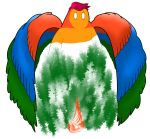  ambiguous_gender anthro avian feathered_wings feathers fire forest hair hi_res humanoid lordofdragonborn macro multicolored_body multicolored_feathers o_o orange_body pink_hair solo suprised_look tree white_eyes winged_humanoid wings 