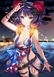  1girl absurdres bangs bare_shoulders beads belt bikini blue_eyes bracelet breasts cleavage collarbone fate/grand_order fate_(series) floral_print goggles goggles_on_head hair_ornament highres jewelry katsushika_hokusai_(fate/grand_order) katsushika_hokusai_(swimsuit_saber)_(fate) long_hair looking_at_viewer medium_breasts murakami_yuichi navel obi purple_hair sash sidelocks swimsuit thigh_strap thighs white_bikini 