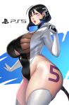  1girl ahoge belly black_hair blue_eyes breasts butt_plug collar commentary huge_breasts lipstick looking_at_viewer makeup parted_lips personification playstation_5 plump revealing_clothes short_hair solo sony space_(uchuu) thick_thighs thighhighs thighs underboob white_legwear 