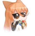 1girl animal_ears bangs blue_flower brown_hair chibi closed_mouth commentary_request cropped_torso dokomon dress eyebrows_visible_through_hair flower g41_(girls_frontline) girls_frontline hair_between_eyes hand_up highres holding korean_commentary long_hair money mouth_hold simple_background solo sunglasses upper_body very_long_hair white_background white_dress 