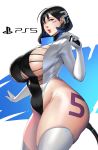  1girl ahoge belly black_hair blue_eyes breasts collar commentary huge_breasts lipstick looking_at_viewer makeup parted_lips personification playstation_5 plump revealing_clothes short_hair sideboob skindentation solo sony space_(uchuu) thick_thighs thighhighs thighs underboob white_legwear 