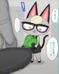  ! 2020 animal_crossing anthro black_ears black_tail blonde_hair blush bottomless chromatic_aberration clothed clothing cute_fangs dialogue domestic_cat duo eyewear faceless_male felid feline felis fur glasses grey_background grey_body grey_fur hair heterochromia hi_res holding_object japanese_text leaf looking_at_object male mammal nintendo raymond_(animal_crossing) simple_background solo_focus text topwear translated video_games watermark xoxo_(pixiv) 
