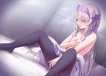  1girl ainu_clothes bangs blush bow breasts closed_eyes fate/grand_order fate_(series) grey_hair grey_legwear hairband hand_on_own_chest highres japanese_clothes kimono knees_up legs long_hair marugoshi_(54burger) nipples off_shoulder open_mouth pantyhose purple_bow purple_hairband sidelocks sitonai sitting small_breasts spread_legs topless white_kimono wide_sleeves 