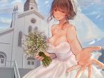  1girl :d amane_ruri bangs bare_shoulders blue_sky blush bouquet breasts bridal_veil brown_eyes brown_hair church cleavage cloud commentary_request dress flower open_mouth original sky sleeveless sleeveless_dress smile solo veil wedding_dress 