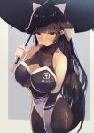  1girl absurdres azur_lane bare_shoulders black_hair black_legwear bow breasts brown_eyes cleavage cleavage_cutout cowboy_shot elbow_gloves fingerless_gloves gloves hair_bow hair_flaps highres izumo_(user_cmcy2878) large_breasts logo long_hair looking_at_viewer pantyhose ponytail race_queen solo takao_(azur_lane) takao_(full_throttle_charmer)_(azur_lane) two-tone_background two-tone_leotard umbrella white_bow 