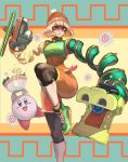  1girl arms_(game) beanie black_legwear blonde_hair bowl domino_mask dragon_(arms) green_eyes hat highres kirby kirby_(series) leg_up leggings looking_at_viewer mask min_min_(arms) orange_headwear orange_legwear orange_shorts ramram_(arms) seiya_(artist) shoes short_hair shorts sneakers socks standing standing_on_one_leg super_smash_bros. zipper_pull_tab 