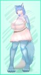  belt big_breasts blue_body blue_fur blue_hair breasts canid canine chubby_female clothing commission_art dress female fur green_eyes hair herrmoki hi_res mammal simple_background smile solo standing 