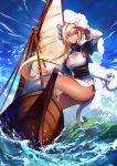  bangs blonde_hair blue_bow boat bow breasts cleavage cloud commentary dark_skin day elf hair_bow hololive kainownill large_breasts long_hair long_ponytail one_eye_closed outdoors pelvic_curtain pointy_ears ponytail red_eyes rope sail sailboat sailing shiranui_flare sidelocks sunlight swept_bangs virtual_youtuber water watercraft 