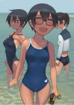  3girls beach black_eyes black_hair black_swimsuit blue_swimsuit breasts cleavage closed_eyes commentary_request competition_school_swimsuit competition_swimsuit crab glasses goggles goggles_removed holding_goggles horizon kuronami_(lvi) lvi medium_breasts multiple_girls ocean one-piece_swimsuit one-piece_tan original outdoors school_swimsuit short_hair suzukaze_(lvi) swim_cap_removed swimsuit tan tanline 