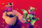  3:2 anthro belly belly_dancer blush clothed clothing common_hippopotamus crossdressing duo eyebrows hippopotamid male mammal money murray_hippopotamus navel one_eye_closed pink_body procyonid raccoon saffronic slightly_chubby sly_cooper sly_cooper_(series) sony_corporation sony_interactive_entertainment sucker_punch_productions thick_eyebrows veil video_games wink 