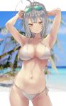  1girl antenna_hair armpits arms_up bare_arms bare_shoulders bikini blurry bokeh breasts chestnut_mouth cleavage collarbone cowboy_shot depth_of_field eyewear_on_head grey_hair halter_top halterneck highres isegawa_yasutaka large_breasts long_hair looking_at_viewer navel original parted_lips revision side-tie_bikini skindentation solo stomach string_bikini sunglasses swimsuit thighs white_bikini yellow_eyes 