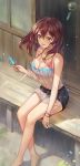  1girl bare_arms bare_legs bare_shoulders barefoot black_shorts bra breasts brown_hair cleavage collarbone day earrings food halterneck highres holding hoop_earrings jewelry kujikawa_rise large_breasts long_hair necklace off-shoulder_shirt off_shoulder open_mouth persona persona_4 pink_bra popsicle see-through shirt short_shorts shorts sitting sleeveless sleeveless_shirt smile solo thighs underwear veranda wind_chime yahiro_(heartseek000) yellow_eyes 