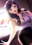  1girl :d bangs black_skirt blurry blurry_background blush bra_strap braid braided_ponytail breasts cleavage green_eyes grey_shirt hair_over_shoulder holding holding_microphone indoors karaoke kazehana_(spica) large_breasts long_hair looking_at_viewer love_live! love_live!_school_idol_project microphone open_mouth purple_hair ribbed_shirt shirt short_sleeves skirt smile solo television toujou_nozomi upper_body upper_teeth 