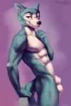  2020 abs absurd_res animal_genitalia anthro balls beastars bedroom_eyes biceps big_muscles black_nose blue_body blue_fur brown_eyes butt canid canine canis countershade_face countershade_fur countershade_torso countershading digital_media_(artwork) digital_painting_(artwork) fist flaccid fully_sheathed fur genitals hand_on_chest hi_res leaning leaning_back legoshi_(beastars) looking_at_viewer male mammal mature_male multicolored_body multicolored_fur muscular muscular_male narrowed_eyes nipples nude pecs penis phenyanyanya pinup portrait pose purple_background seductive sheath side_view signature simple_background smile solo standing three-quarter_portrait white_balls white_countershading wolf 