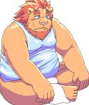  2020 anthro belly blush bulge clothing felid kemono lion male mammal misterdonn overweight overweight_male pantherine shirt simple_background sitting solo topwear underwear white_background 