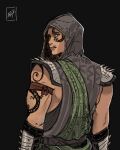  1boy alexzoejy arm_tattoo armband armor belt black_background black_belt black_hood black_shirt bracer commentary cowboy_shot english_commentary facial_tattoo green_eyes green_sash highres hood hood_up hooded_shirt layered_clothes looking_back male_focus mortal_kombat_(series) mortal_kombat_1_(2023) multiple_tattoos parted_lips red_armband reptile_(mortal_kombat) sash scar scar_on_face scar_on_mouth shirt shoulder_armor signature simple_background sleeveless sleeveless_shirt solo spiked_armor spikes tattoo 