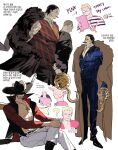  6+boys ? ascot beard black_hair blonde_hair chamsut0905 cigar coat commentary_request crocodile_(one_piece) cross_pendant crossed_legs cuffs daz_bones donquixote_doflamingo dracule_mihawk earrings facial_hair fur-trimmed_coat fur_trim handcuffs hat_feather highres holding holding_paper hook_hand jewelry korean_commentary korean_text male_focus monkey_d._luffy multiple_boys multiple_views mustache one_piece orange_ascot paper prison_clothes profile roronoa_zoro scar scar_across_eye scar_on_face simple_background stitched_face stitches suit sword sword_on_back weapon weapon_on_back white_background 