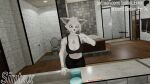 3d_(artwork) anthro arm_tattoo bathroom big_butt breasts brush brushing brushing_teeth butt canid canine clothed clothing digital_media_(artwork) domibun female first_person_view fox fur gisa_lenshin hi_res leggings legwear mammal maxine_(domibun) mirror mirror_reflection nipples reflection solo tail tattoo teeth warfare_machine white_body white_fur