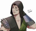  1boy arm_behind_head arm_tattoo arm_up armor armored_gloves autumn-sacura black_hair black_hood collarbone commentary elbow_gloves english_commentary facial_tattoo gloves green_eyes hood hood_up male_focus mortal_kombat_(series) mortal_kombat_1_(2023) ninja pectoral_cleavage pectorals reptile_(mortal_kombat) shoulder_armor simple_background solo tattoo traditional_ninja twitter_username white_background 