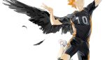  1boy 3367e arms_up black_feathers commentary cropped_head english_commentary falling_feathers feathered_wings feathers haikyuu!! highres hinata_shouyou jumping karasuno_volleyball_uniform leg_up male_focus multicolored_clothes multicolored_shirt multicolored_shorts orange_hair outstretched_arm parted_lips shirt shoes short_sleeves shorts sneakers solo sportswear volleyball_uniform white_footwear wings 