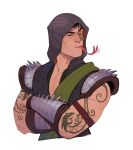  1boy arm_tattoo armband armor black_hair black_vest bracer closed_eyes cropped_torso crossed_arms drkav facial_tattoo forked_tongue green_sash hood hood_up hooded_vest hoodie long_tongue male_focus mortal_kombat_(series) mortal_kombat_1_(2023) multiple_tattoos pectoral_cleavage pectorals red_armband reptile_(mortal_kombat) sash shoulder_armor simple_background solo spikes tattoo teeth tongue vest white_background 