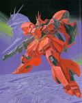  1980s_(style) artist_request beam_rifle char&#039;s_counterattack energy_gun gundam highres machinery mecha mecha_focus mobile_suit moon neo_zeon nu_gundam one-eyed painting_(medium) promotional_art retro_artstyle robot sazabi scan science_fiction shield space traditional_media v-fin weapon 
