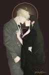 1boy 1girl addams_family black_dress black_hair blonde_hair breasts cosplay couple dress earrings gold_earrings gomez_addams gomez_addams_(cosplay) green_eyes hetero highres husband_and_wife jacket jewelry large_breasts long_hair long_sleeves looking_at_viewer morticia_addams morticia_addams_(cosplay) open_mouth red_eyes shirt short_hair sidelocks simple_background smile spy_x_family striped_clothes striped_jacket suit thengemini twilight_(spy_x_family) very_long_hair yor_briar 