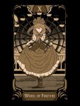  1girl boots bow card_(medium) commentary english_commentary front_ponytail full_body hair_bow hair_ribbon highres kagiyama_hina kwszh monochrome ribbon solo tarot tarot_(medium) touhou wheel_of_fortune_(tarot) 