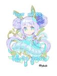  1girl animal_ear_hairband animal_ears atelier_(series) atelier_sophie_2 blue_dress blue_footwear blue_ribbon chibi chibi_only closed_mouth commentary_request double_bun dress fake_animal_ears full_body green_eyes grey_hair hair_bun hairband korean_commentary korean_text leyin_(lydusk) long_hair looking_at_viewer plachta ribbon shoes sitting smile solo twitter_username very_long_hair white_background 