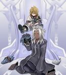  2boys armor black_coat_(kingdom_hearts) black_gloves boots closed_eyes commentary_request dark-skinned_male dark_skin gloves helmet highres keiseki1 kingdom_hearts kingdom_hearts_birth_by_sleep male_focus multiple_boys sitting terra-xehanort throne ventus_(kingdom_hearts) white_hair yellow_eyes yokozuwari 