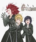  1girl 4boys axel_(kingdom_hearts) black_coat_(kingdom_hearts) black_gloves black_hair blonde_hair brown_hair commentary_request dark-skinned_male dark_skin gloves grey_hair hand_on_own_hip highres keiseki1 kingdom_hearts kingdom_hearts_iii multiple_boys open_mouth pointy_ears red_hair roxas short_hair smile sora_(kingdom_hearts) spiked_hair terra-xehanort xion_(kingdom_hearts) 
