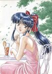  1990s_(style) 1girl absurdres alternate_costume archived_source bare_arms bare_shoulders blue_hair blunt_ends breasts brown_hair chair condensation cowboy_shot crease cup dark_blue_hair dress drinking_straw earrings fingernails food fruit hair_ribbon half_updo head_tilt high_ponytail highres holding holding_drinking_straw ice jewelry leaf lemon lemon_slice long_dress long_sidelocks looking_to_the_side medium_breasts multi-strapped_dress nape necklace official_alternate_costume official_art on_chair open_mouth pink_dress red_ribbon retro_artstyle ribbon sakura_taisen scan sega shell shell_earrings shell_necklace shinguuji_sakura sidelighting sidelocks simple_background solo suganuma_eiji table tea third-party_source traditional_media white_background 