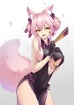  1girl animal_ear_fluff animal_ears bangs bare_shoulders bell black_dress black_gloves blush breasts center_opening china_dress chinese_clothes dress fan fate/grand_order fate_(series) folding_fan fox_ears fox_girl fox_tail gloves hair_between_eyes hand_on_own_chest highres hips jingle_bell koyanskaya large_breasts liu_lan long_hair looking_to_the_side open_mouth pink_hair sideboob sidelocks smile solo tail tassel thighs tied_hair underboob white_background yellow_eyes 