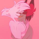 alastor_(hazbin_hotel) angel_dust anthro arachnid arthropod bare_chest cuddling deer demon duo eyes_closed fluffy fluffy_chest hazbin_hotel hi_res hug hybrid kissing male male/male mammal nude ranksauce spider vivzmind