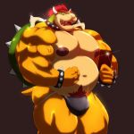  1:1 anthro bastroceive belly biceps big_muscles big_nipples black_clothing black_underwear bowser bracelet bulge cellphone clothing collar eyebrows flexing hair hi_res holding_cellphone holding_object holding_phone horn jewelry jockstrap koopa male mario_bros musclegut muscular muscular_male navel nintendo nipples open_mouth pecs phone pubes red_hair scalie selfie sharp_teeth shell simple_background solo spiked_bracelet spiked_collar spiked_shell spikes teeth underwear video_games yellow_body 