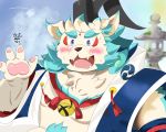  2020 5:4 agyou anthro asian_mythology belly blush clothing cute_fangs east_asian_mythology foo_dog hat headgear headwear hi_res japanese_mythology kemono komainu male mammal momotora0911 mythology overweight overweight_male solo tokyo_afterschool_summoners video_games yōkai 