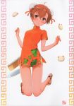  1girl absurdres ahoge animal_print brown_eyes brown_hair brown_shorts bun_cover china_dress chinese_clothes double_bun dress frog_print full_body gekota highres jumping looking_at_viewer misaka_mikoto open_toe_shoes orange_dress puma_(hyuma1219) scan shoes short_hair shorts shorts_under_dress simple_background solo to_aru_kagaku_no_railgun to_aru_majutsu_no_index white_background 