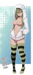  :| breasts breasts_outside closed_mouth green_eyes green_hair hands_in_pockets highres hood hoodie jacket jikeshibann lamb-oic029 looking_at_viewer navel nipples open_clothes open_jacket open_mouth original socks striped striped_legwear thighhighs white_hoodie 