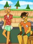  3:4 animal_crossing anthro bottomwear canid canine clothed clothing crazy_redd dress_shirt duo flip_flops footwear fox fully_clothed fuze hi_res leaning male mammal nintendo outside raccoon_dog sandals shirt shorts sitting t-shirt tanuki tommy_nook topwear video_games 