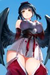  absurdres black_hair black_wings breasts highres japanese_clothes large_breasts looking_at_viewer looking_down medium_hair murechika nijisanji obi pom_pom_(clothes) sash tengu thighs virtual_youtuber wings yamagami_karuta yellow_eyes 